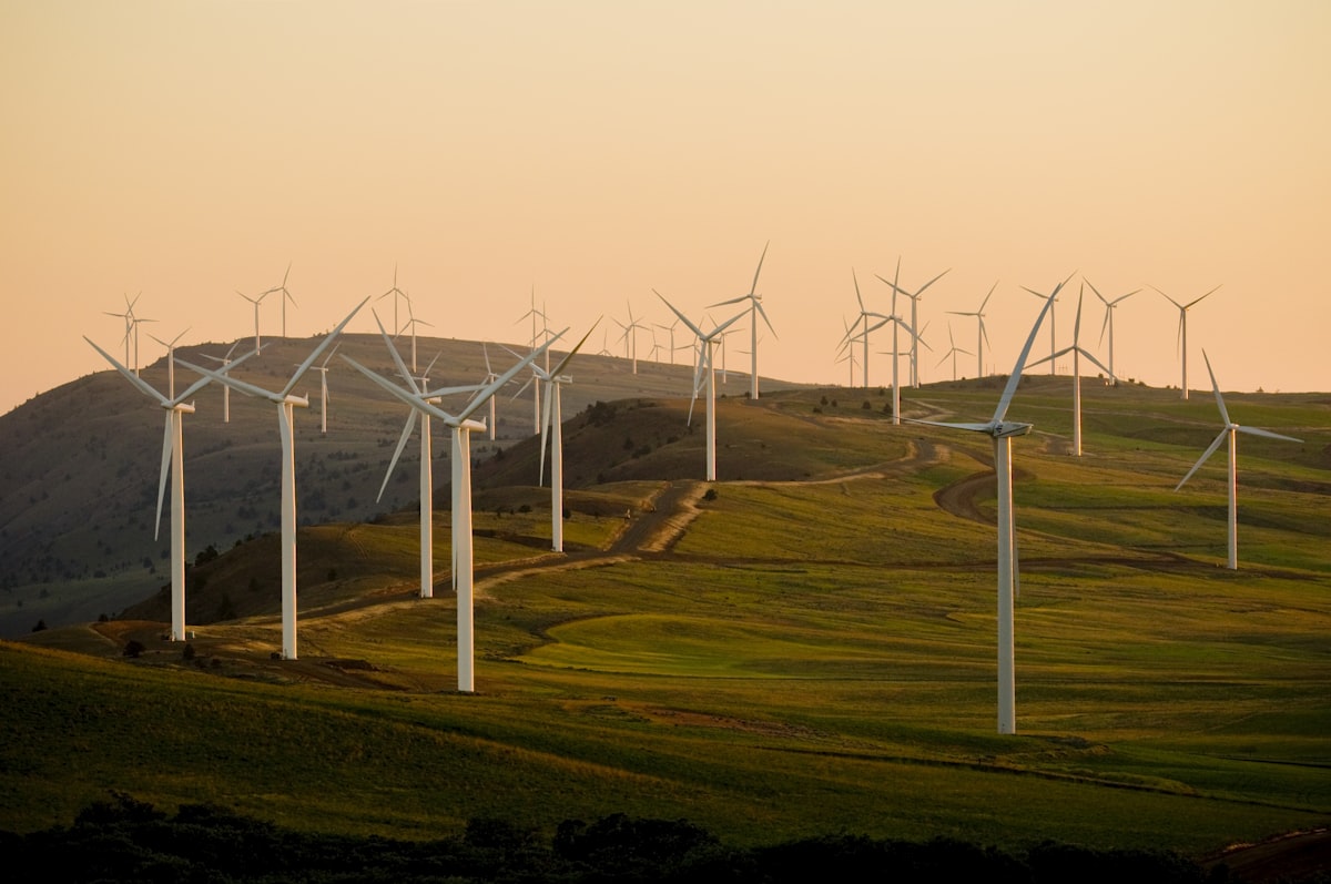 Onshore wind farm in a mountain range in northern Spain at sunset